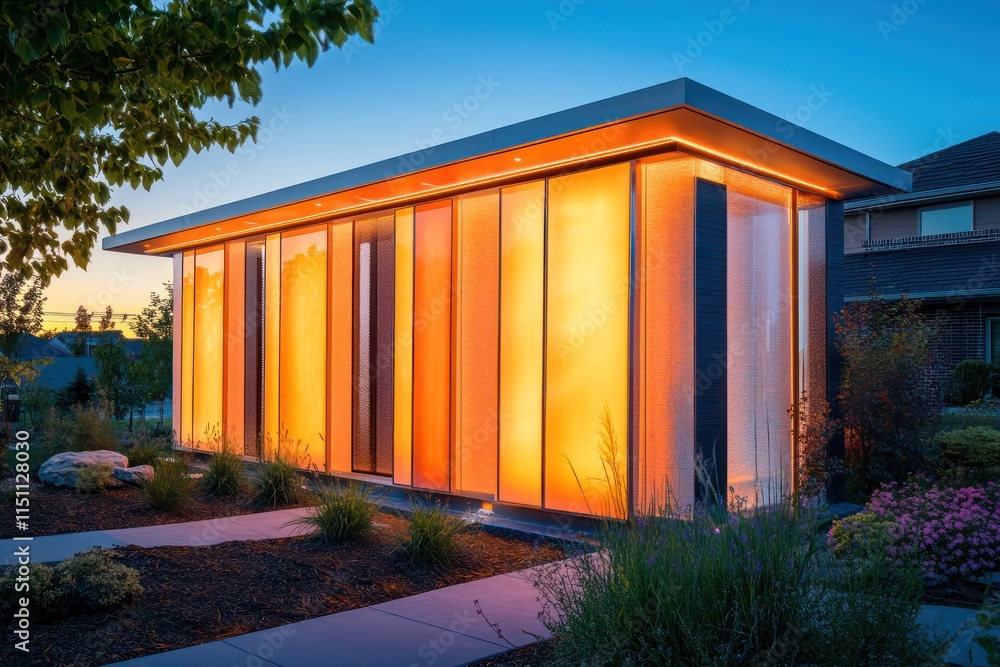 Futuristic home facade featuring dynamic, moving panels and ambient outdoor lighting in a suburban setting. Futuristic home facade featuring dynamic, moving panels and ambient outdoor lighting in a suburban setting.