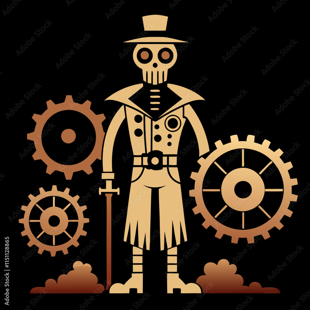 Naklejka premium Steampunk Scarecrow with Gears and Cogs A Mechanical Field Sentinel