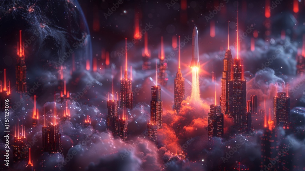Fototapeta premium A glowing futuristic city with a rocket launching from the clouds. AI generative. .