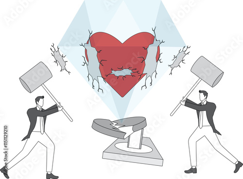 Marriage problems, cold or broken relationships, improving mental health, businessmen with hammers trying to break sealed heart-shaped glass