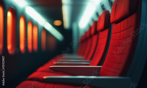 Interior view of an airplane cabin featuring red seats and ambient lighting.