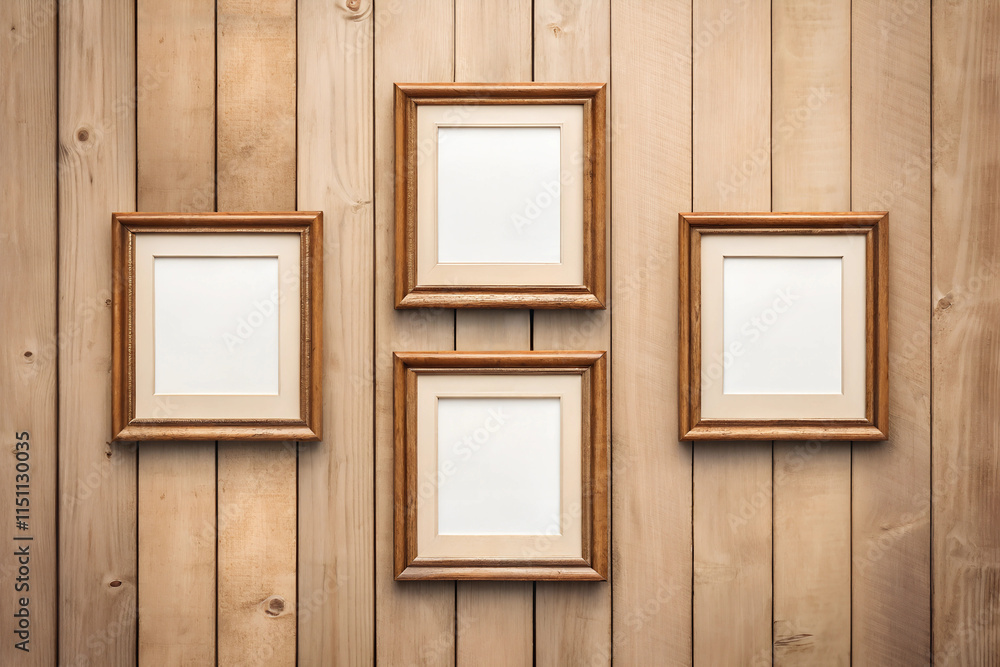 Empty wooden picture frames on a wooden wall background. Created with Generative AI. Empty wooden picture frames on a wooden wall background. Created with Generative AI.