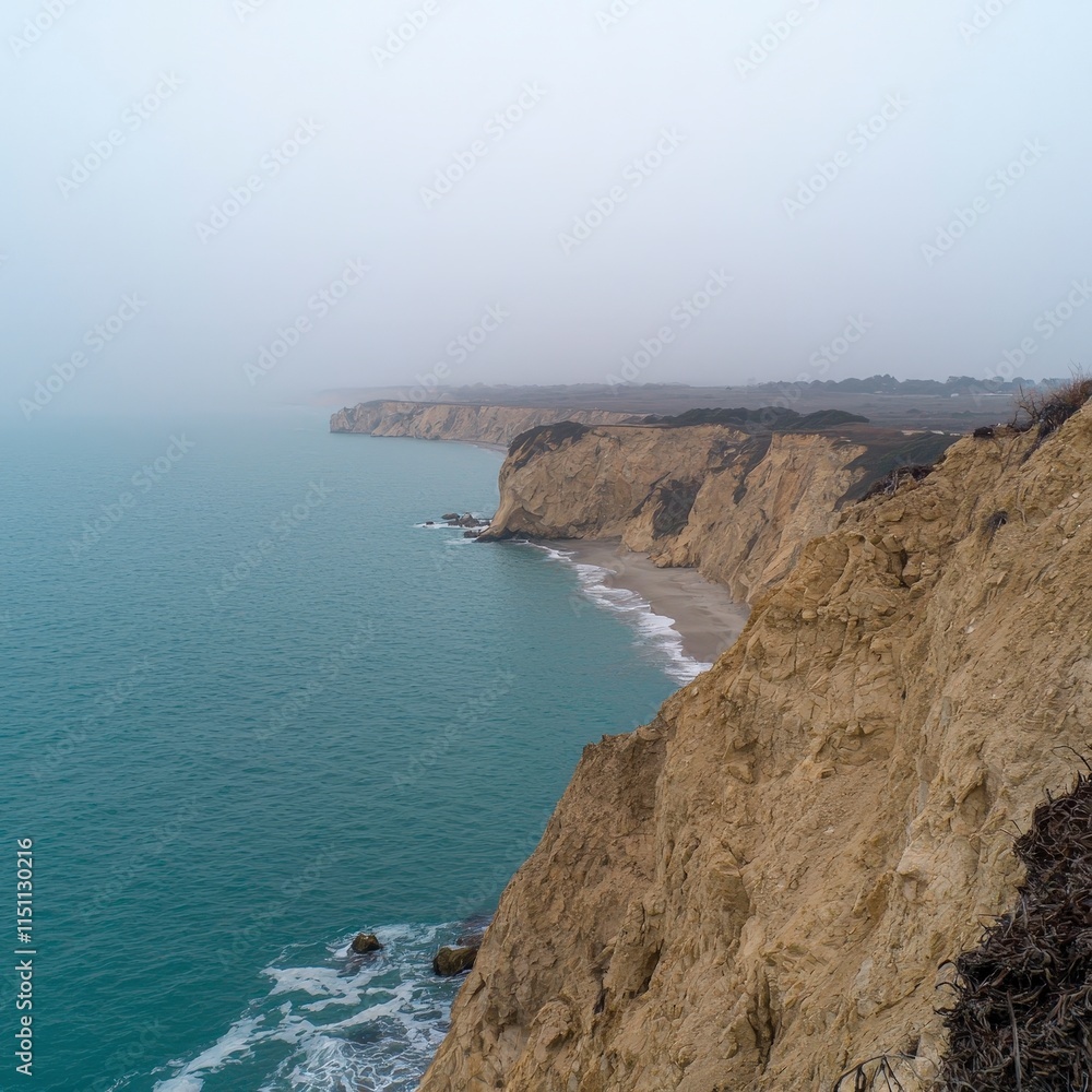 Fototapeta premium Dramatic Coastal Cliffs Ocean Sandy Beach Foggy Day Seascape