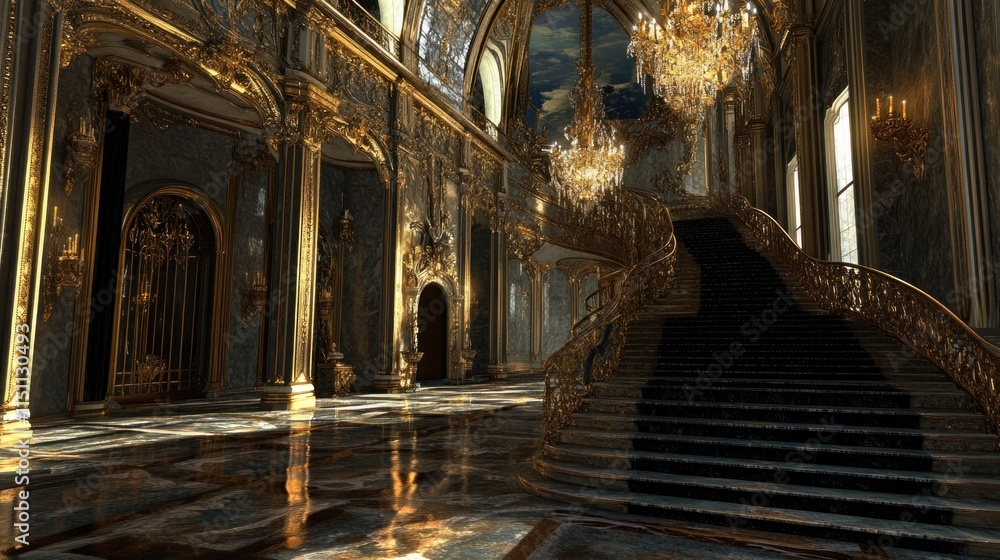 Fototapeta premium Grand Palace Staircase: Opulent Gold and Dark Elegance