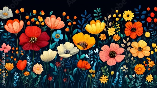 Vibrant vector illustration of a colorful garden with flowers in bloom ideal for spring and nature designs