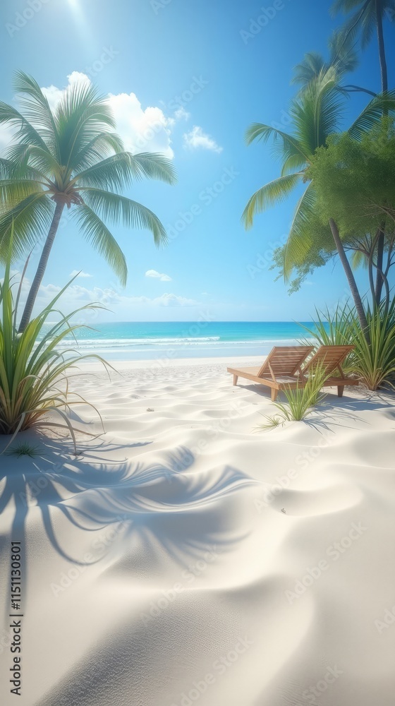 Fototapeta premium Sunny Beachfront Paradise with White Sand, Palm Trees, and Tranquil Ocean Views