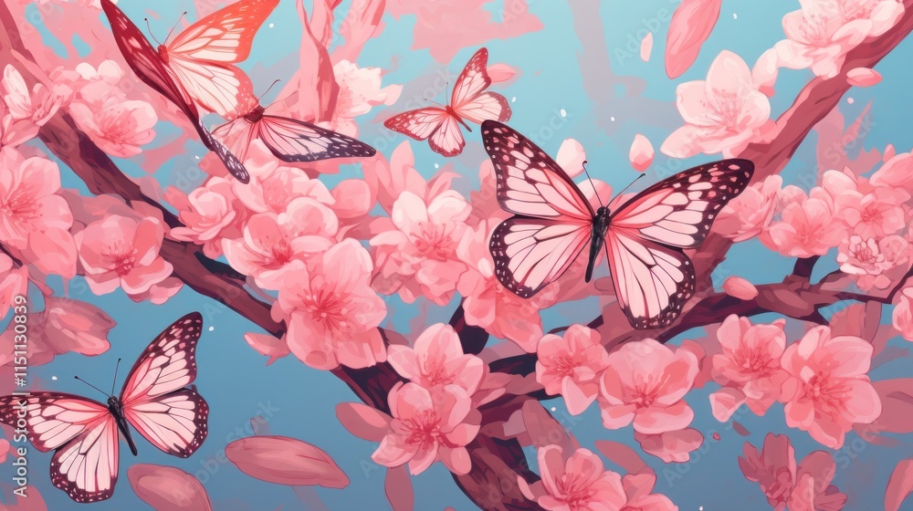 Pink butterflies flutter among cherry blossoms. Pink butterflies flutter among cherry blossoms.