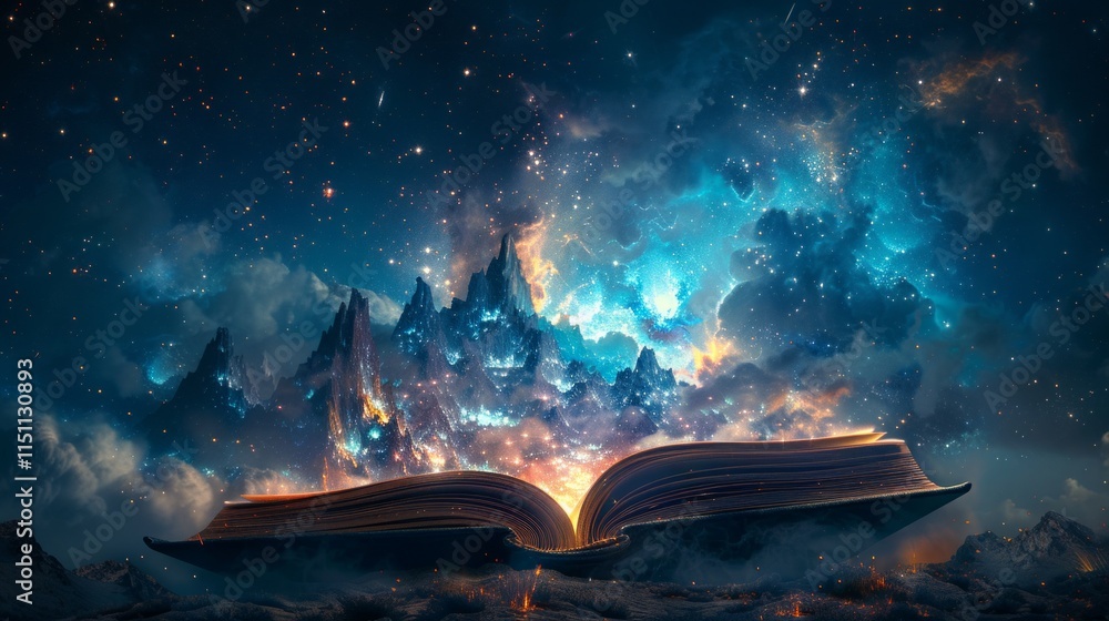 Obraz premium Open book reveals glowing blue mountains and starry sky. AI generative. .