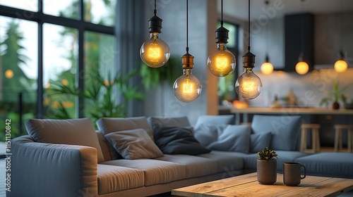 Wallpaper Mural Four glowing vintage lightbulbs hang over a couch and coffee table with a plant and mug. AI generative. . Torontodigital.ca