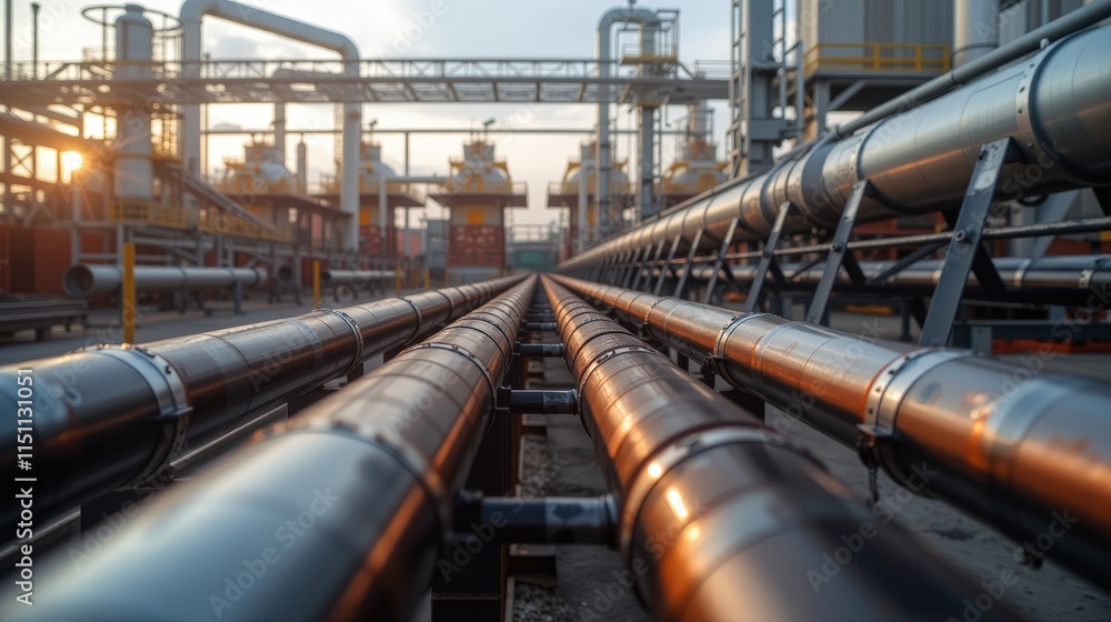 Steel Pipeline Structure in an Outdoor Oil and Gas Chemical Factory Environment Steel Pipeline Structure in an Outdoor Oil and Gas Chemical Factory Environment