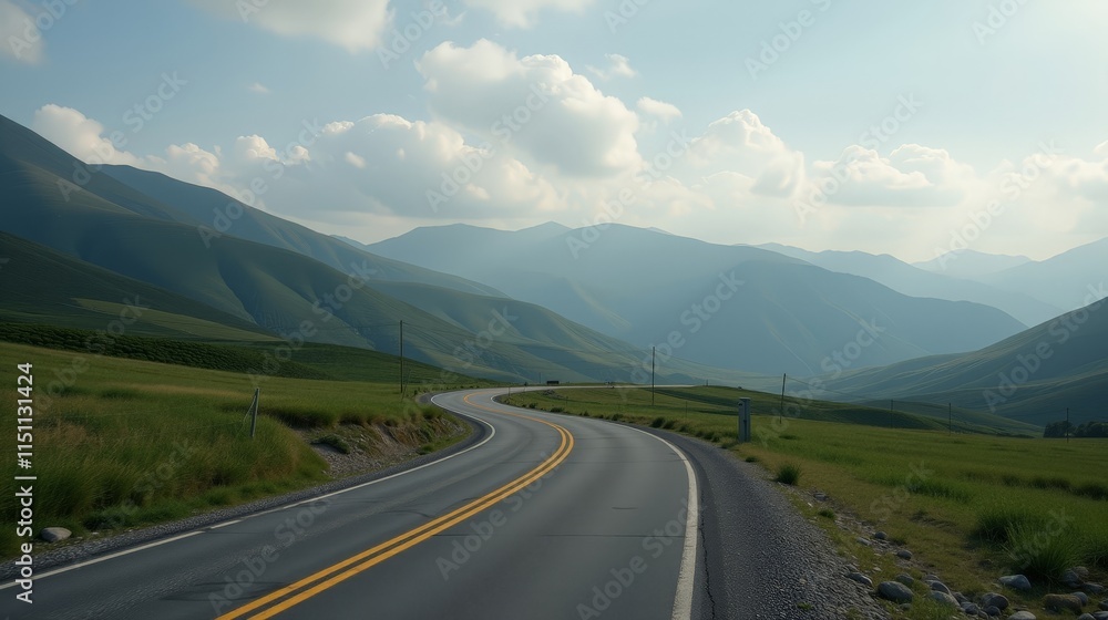 Fototapeta premium Winding Road Through Lush Green Mountains and Grassy Fields Undersoft Clouds