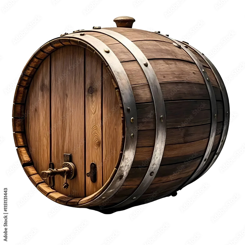 A rustic wooden barrel with aged metal hoops, isolated transparent background A rustic wooden barrel with aged metal hoops, isolated transparent background