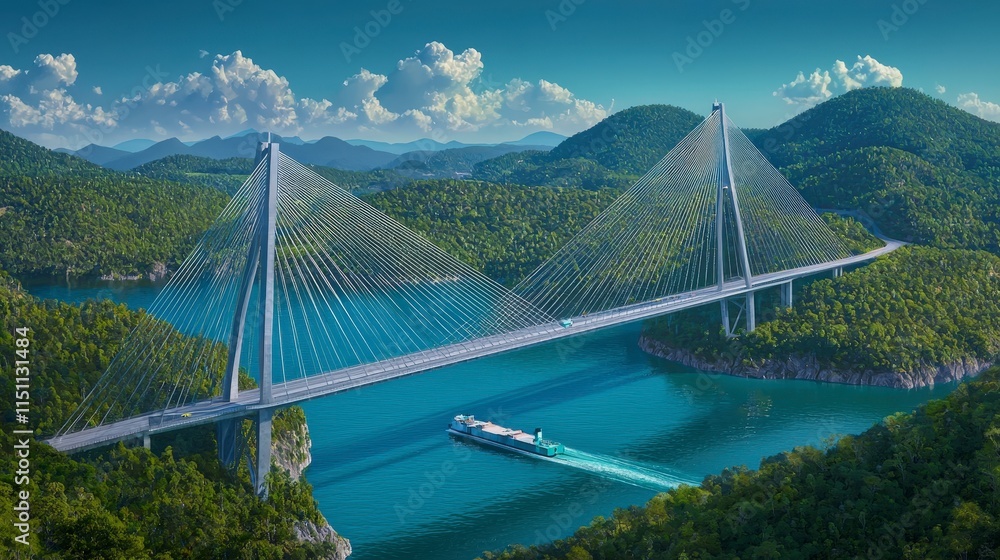 Obraz premium Majestic Cable Stayed Bridge Spanning Tranquil River Valley