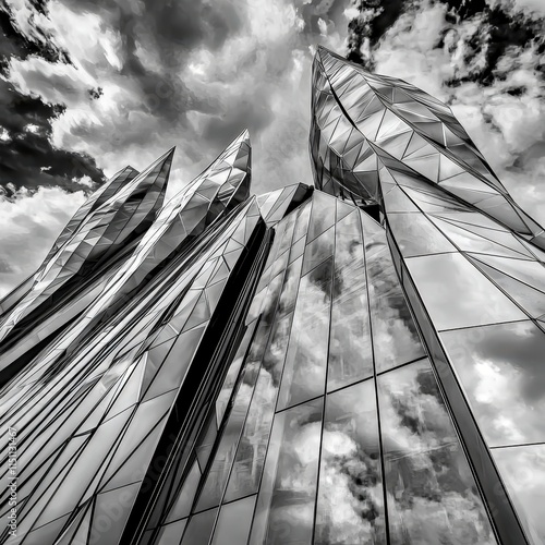 Wallpaper Mural Modern Architecture  Geometric Glass Facade  Clouds Reflection  Black   White Torontodigital.ca