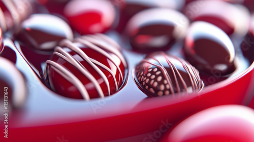 A heart-shaped red box filled with assorted chocolates in various designs, symbolizing love and indulgence. photo