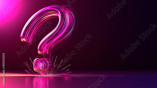 A glowing pink neon question mark on a dark futuristic background with metallic and tech-inspired elements. photo