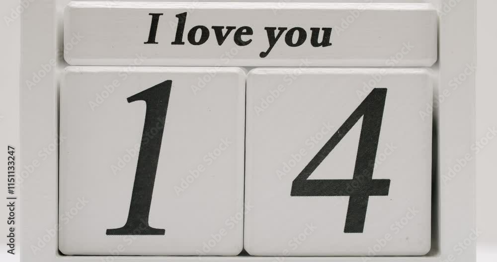 A white wooden calendar with the words I Love You on the top, flipping through the days of the month. Ideal for stock footage related to love, relationships, anniversaries, Valentine's Day, A white wooden calendar with the words I Love You on the top, flipping through the days of the month. Ideal for stock footage related to love, relationships, anniversaries, Valentine's Day,