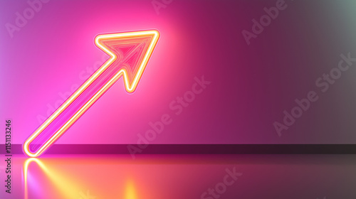 A bright neon pink arrow pointing upward, glowing against a reflective surface and gradient background. photo