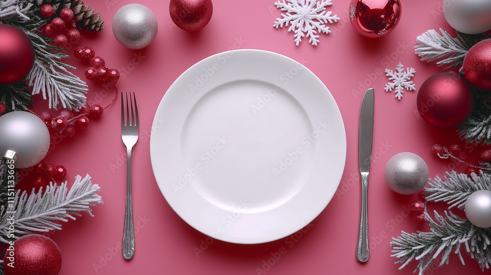 A minimalist Christmas table setting with a white plate, silverware, and festive decorations on a pink background. A minimalist Christmas table setting with a white plate, silverware, and festive decorations on a pink background.