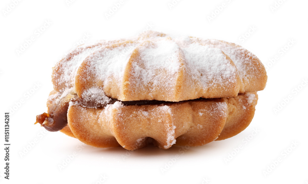 Delicious pastry filled with creamy filling dusted with powdered sugar on white background Delicious pastry filled with creamy filling dusted with powdered sugar on white background
