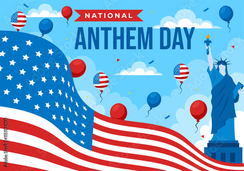National Anthem Day Vector Illustration on March 3 Featuring the United States of America Flag in a National Holiday Flat Cartoon Background Design