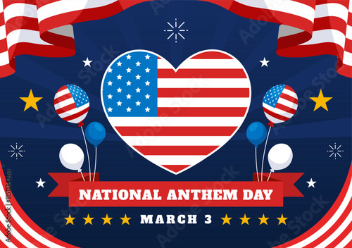 National Anthem Day Vector Illustration on March 3 Featuring the United States of America Flag in a National Holiday Flat Cartoon Background Design