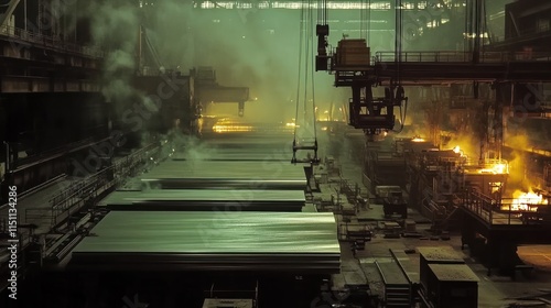 Wallpaper Mural A wide shot of a steel processing facility, heavy machinery cutting and shaping large sheets of metal  Torontodigital.ca