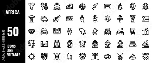 50 Africa Icons Set Pack Line Editable Vector Illustration