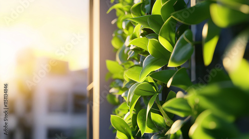 A vibrant green wall of plants in focus with a blurred cityscape and park visible in the background.
 photo