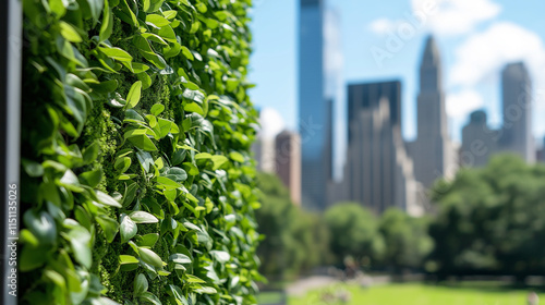 A vibrant green wall of plants in focus with a blurred cityscape and park visible in the background.
 photo