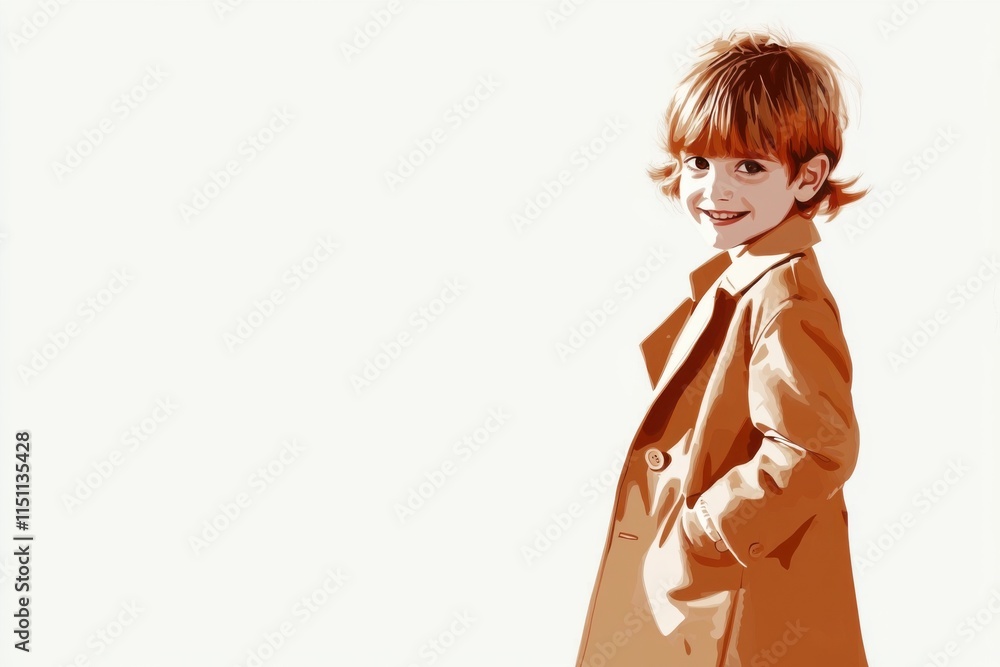 Minimalistic portrait of a young boy with a cheerful expression in a stylish coat