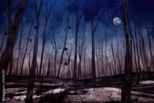 Minimalistic scene of a war-torn forest under a moonlit sky for conceptual design photo