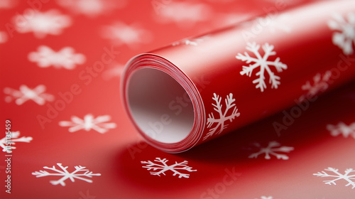 A roll of red wrapping paper decorated with white snowflakes, set against a vibrant red background. photo