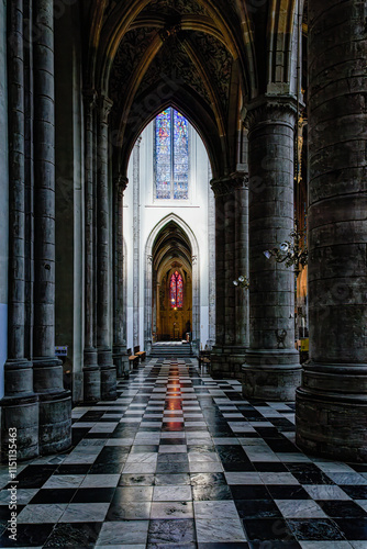 View of the stained glass windows of the church of St. Paul's Cathedral on July 18, 2015 in Liege, Belgium.
