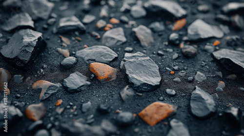 Black and orange rocks scattered on a dark surface after rain, showing texture and detail.
 photo