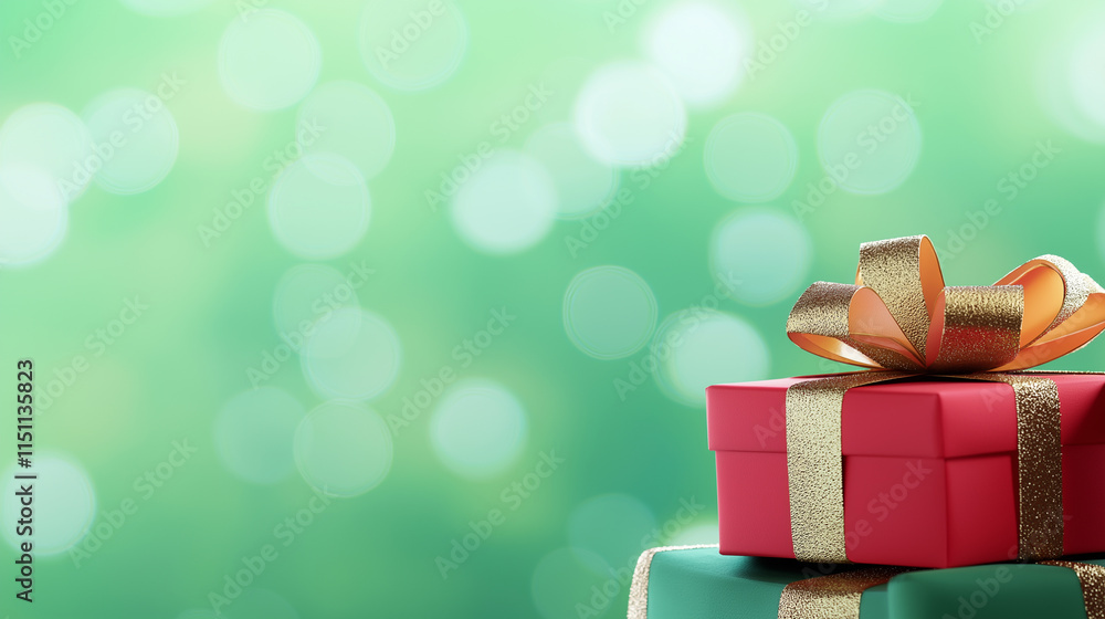 Fototapeta premium A stack of colorful wrapped gift boxes with ribbons, set against a festive bokeh background.