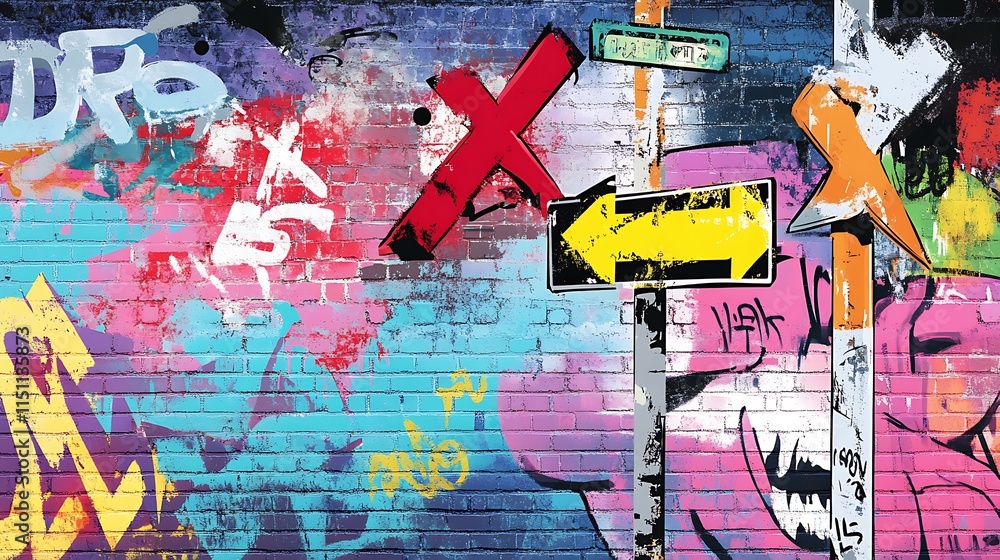 Fototapeta premium Colorful graffiti wall with street signs.