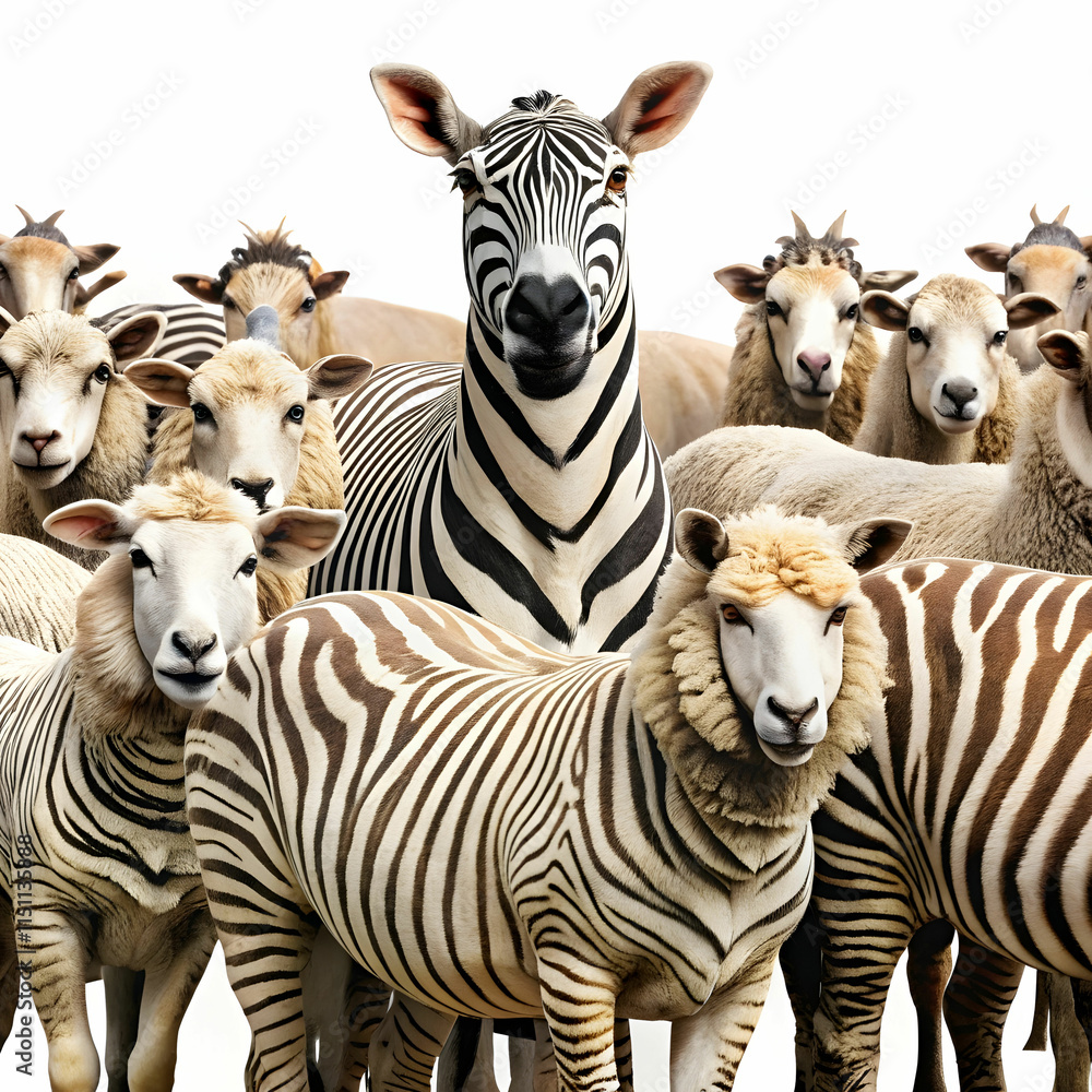 Obraz premium a-group-of-sheep-trying-to-blend-into-a-herd-of-ze-