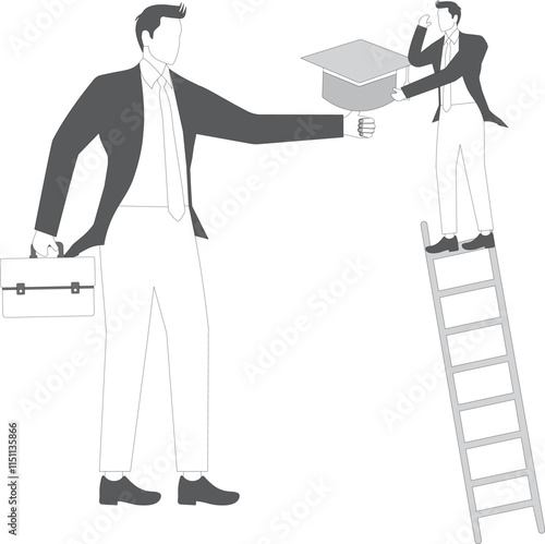 Getting higher and better academics and education, self-study education and self-improvement, businessmen climbing ladders to climb to pick the graduation cap on their giant thumbs