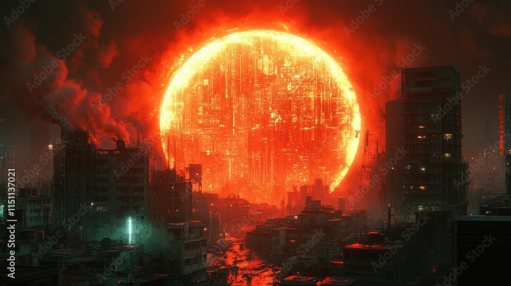 Obraz premium A dystopian cityscape illuminated by a massive, fiery sun backdrop.