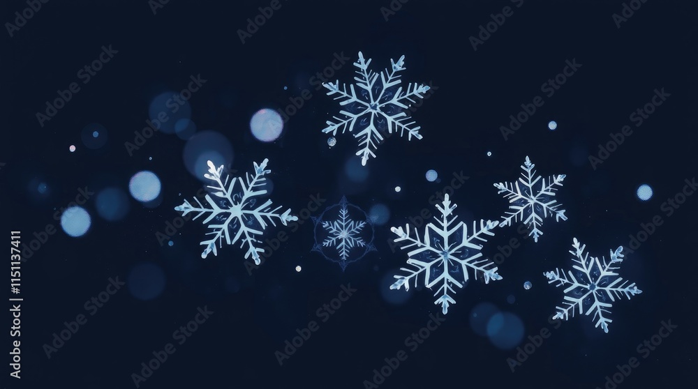 Delicate snowflakes fall softly against a deep blue backdrop, evoking a sense of tranquility and wonder during the winter season Delicate snowflakes fall softly against a deep blue backdrop, evoking a sense of tranquility and wonder during the winter season