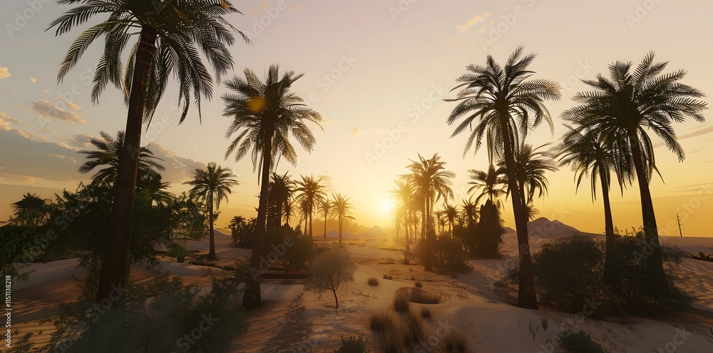Golden hour sunlight shines on a serene desert oasis with palm trees, capturing the beauty of nature in a tranquil scene Golden hour sunlight shines on a serene desert oasis with palm trees, capturing the beauty of nature in a tranquil scene