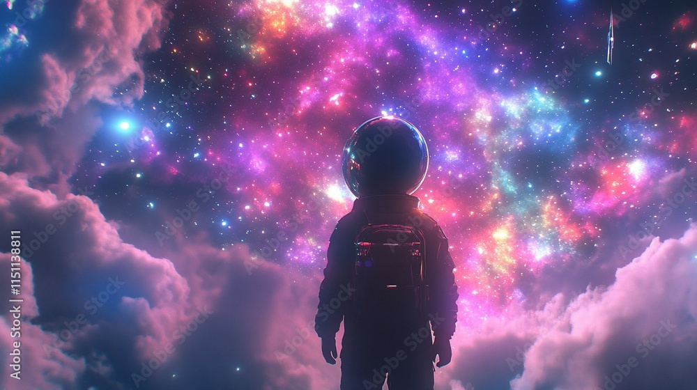 A figure in an astronaut suit gazes at a vibrant cosmic scene filled with stars. A figure in an astronaut suit gazes at a vibrant cosmic scene filled with stars.