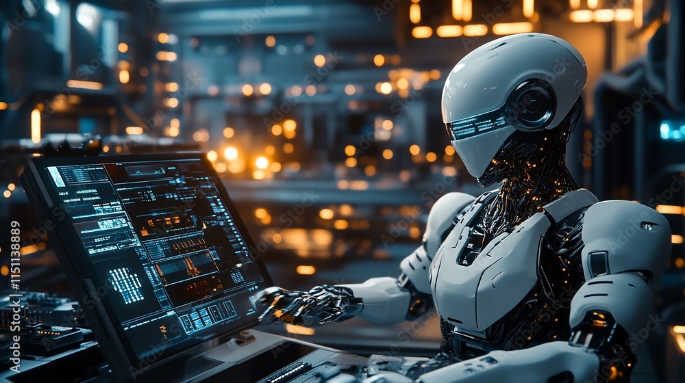 A futuristic robot interacts with a high-tech computer interface in a lab. A futuristic robot interacts with a high-tech computer interface in a lab.