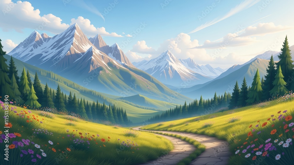 Serene Fantasy Landscape with Majestic Mountains and Colorful Wildflowers at Dawn Serene Fantasy Landscape with Majestic Mountains and Colorful Wildflowers at Dawn