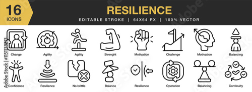 Resilience icon set. Editable Stroke Icon Collection. Includes Resilience, Strenght, Skills, Recovery, Flexibility, Pressure, and More. Outline icons vector collection.