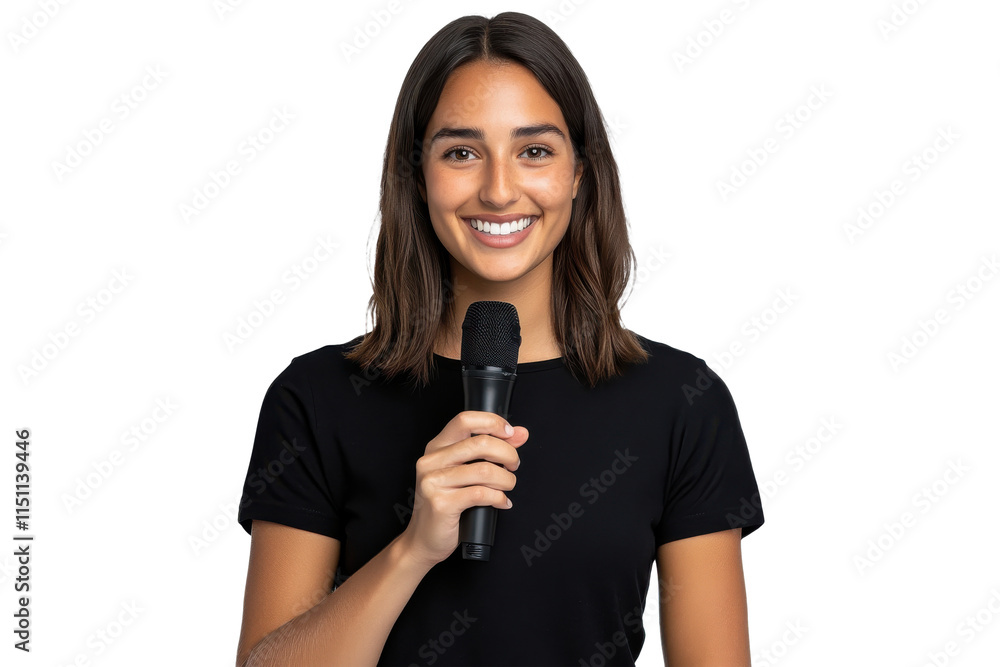 Smiling woman in a black outfit holding a microphone isolated on a transparent background Smiling woman in a black outfit holding a microphone isolated on a transparent background