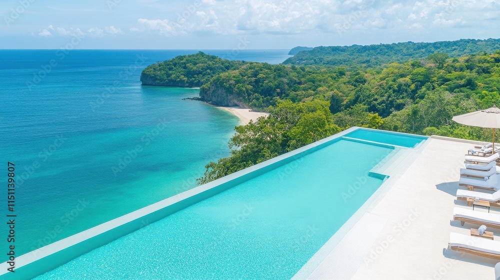 Stunning Infinity Pool Overlooking Tropical Bay with Lush Green Landscape and Clear Blue Sky in a Picturesque Coastal Paradise Stunning Infinity Pool Overlooking Tropical Bay with Lush Green Landscape and Clear Blue Sky in a Picturesque Coastal Paradise