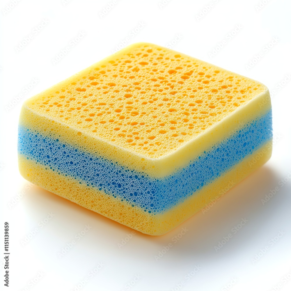 Sponge with blue and yellow sections, isolated on a white background. Sponge with blue and yellow sections, isolated on a white background.
