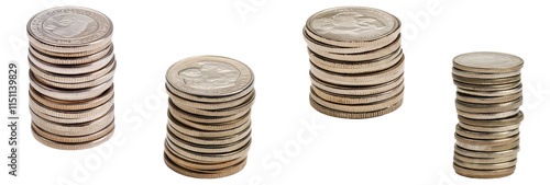 Set of silver coin stacks in different heights isolated on a transparent background